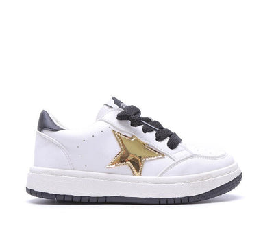 Drew white leather upper; shiny gold star and black heel grip_side shot