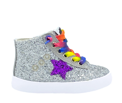 Gemma silver glitter upper; coated in a clear sealant for smooth finish with purple glitter star_side shot